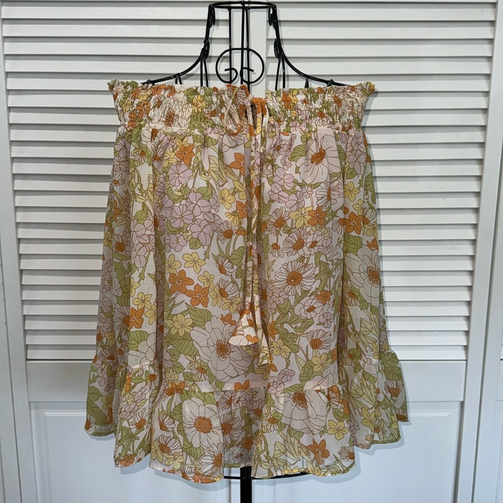KORI Tie Front 3/4 Sleeve Smocked Neck Ruffle Floral Flowy Crop Top Blouse Sz S